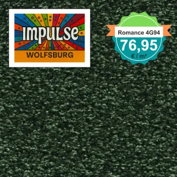 Teppichmuster mit Label „Impulse WOLFSBURG“ und Badge „Romance 4G94 – 76,95 €/m²“